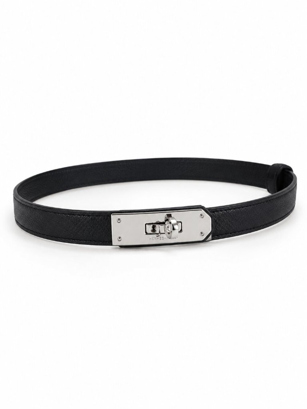 Black Leather Turn Lock Skinny Belt Silver Hardware Minimalist Designer Style